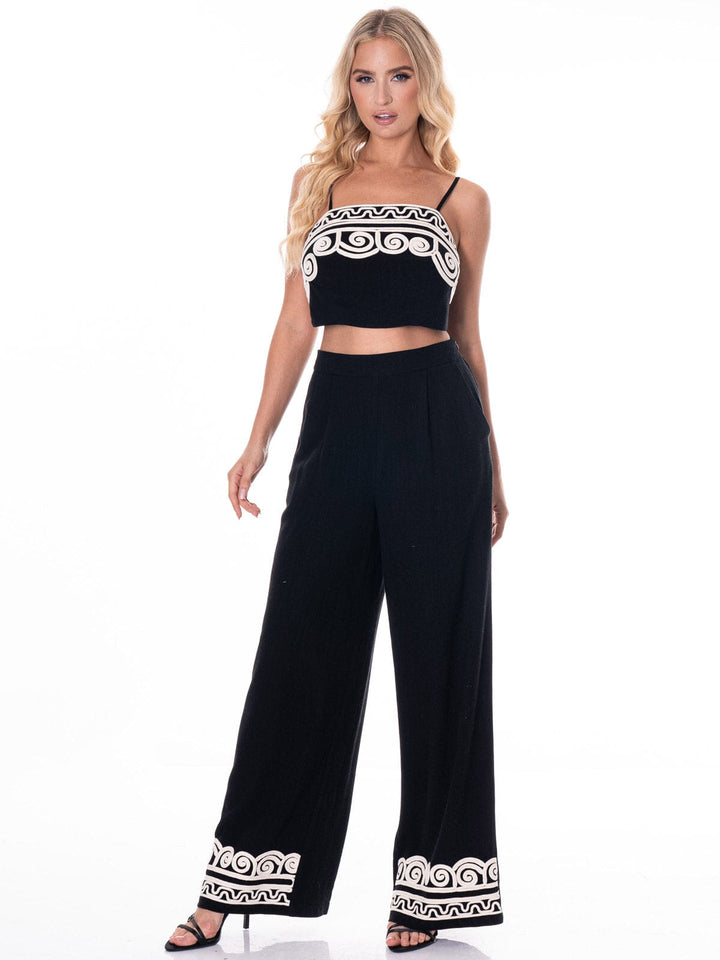 WOMEN'S SLEEVELESS TOP & WIDE LEG PANTS EMBROIDERY DETAILED 2PC. SET