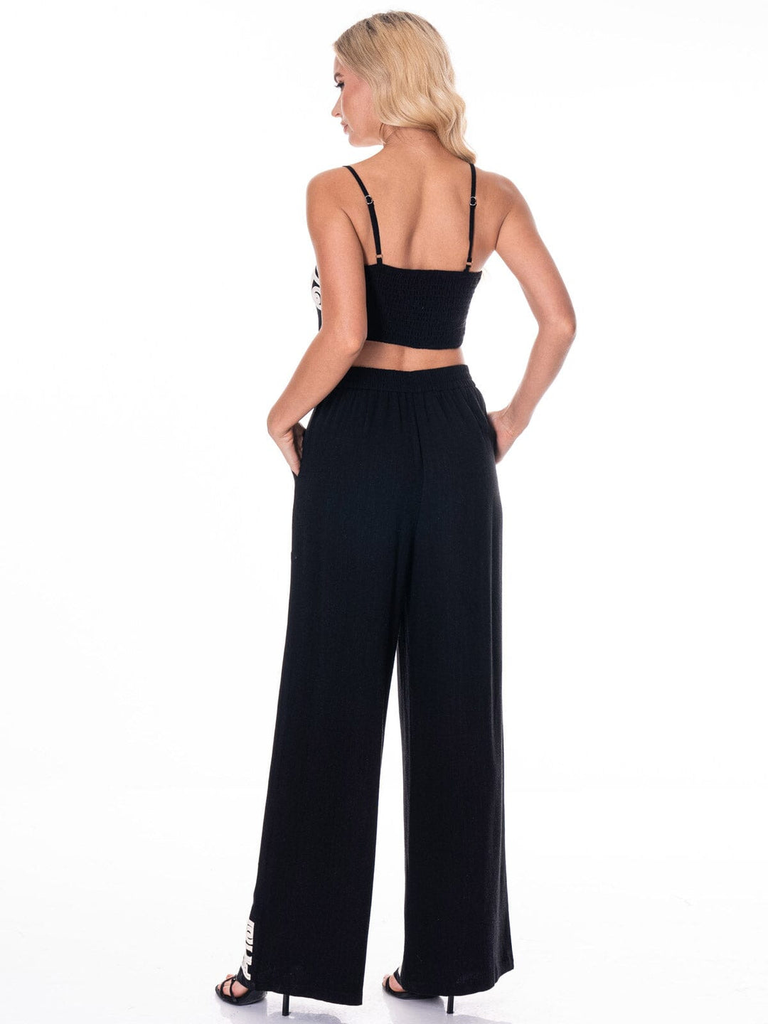 WOMEN'S SLEEVELESS TOP & WIDE LEG PANTS EMBROIDERY DETAILED 2PC. SET