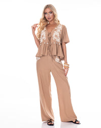 WOMEN'S BUTTON CLOSURE POCKETS WIDE LEG EMBROIDERY DETAILED PANTS