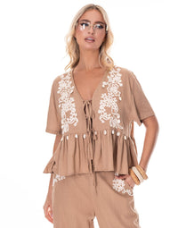 WOMEN'S SHORT SLEEVE TOP & ELASTIC WAIST PANTS EMBROIDERY DETAILED 2PC. SET