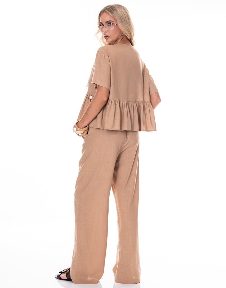 WOMEN'S BUTTON CLOSURE POCKETS WIDE LEG EMBROIDERY DETAILED PANTS