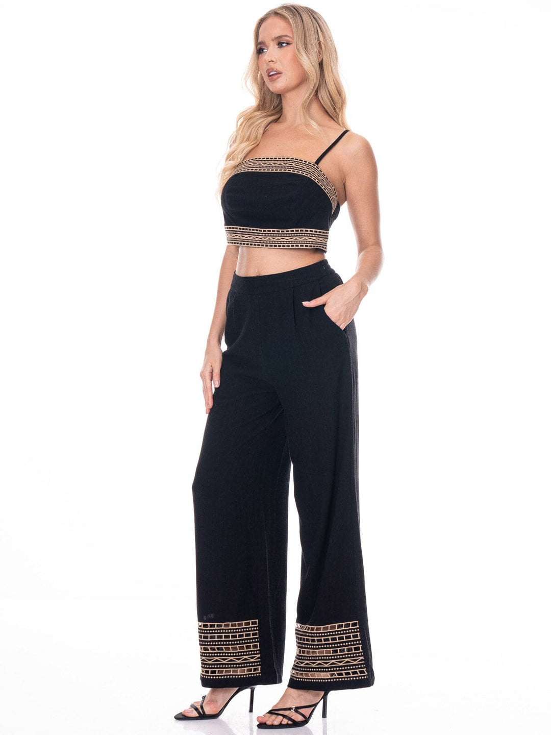 WOMEN'S SLEEVELESS CROP TOP & WIDE LEG PANTS EMBROIDERY 2PC. SET