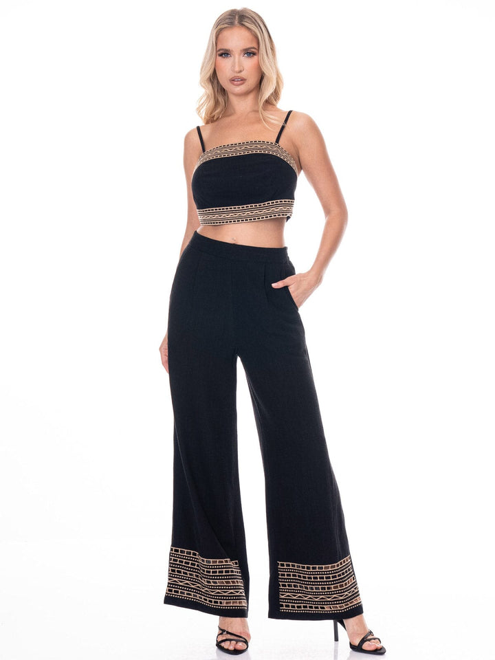WOMEN'S SLEEVELESS CROP TOP & WIDE LEG PANTS EMBROIDERY 2PC. SET