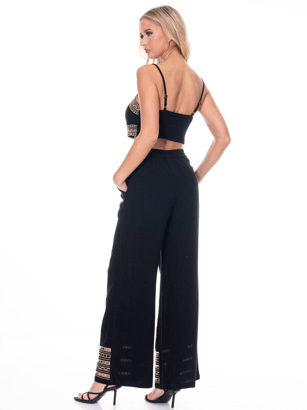WOMEN'S SLEEVELESS CROP TOP & WIDE LEG PANTS EMBROIDERY 2PC. SET