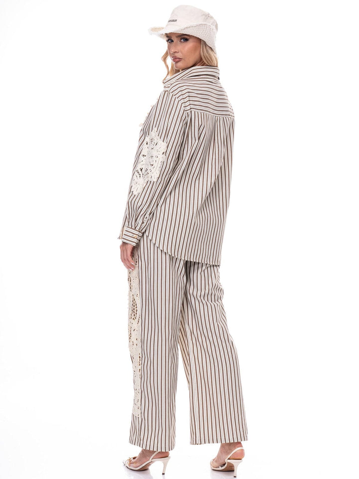 WOMEN'S LONG SLEEVE TOP & WIDE LEG PANTS EMBROIDERY CROCHET STRIPES 2PC. SET