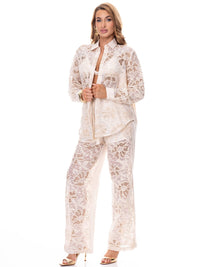 WOMEN'S LONG SLEEVE BLOUSE & ELASTIC WAIST EMBROIDERY FLORAL 2PC. SET
