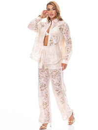WOMEN'S LONG SLEEVE BLOUSE & ELASTIC WAIST EMBROIDERY FLORAL 2PC. SET