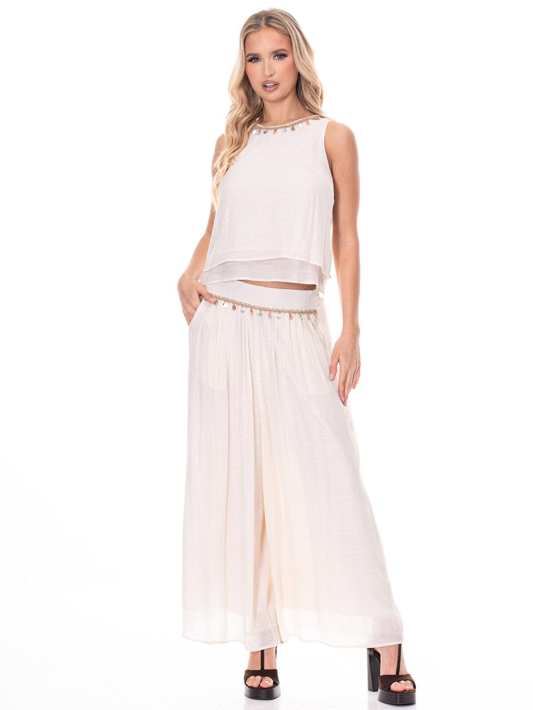WOMEN'S SLEEVELESS TOP & WIDE LEG PANTS TRIM DETAILED 2PC. SET