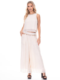 WOMEN'S SLEEVELESS TOP & WIDE LEG PANTS TRIM DETAILED 2PC. SET