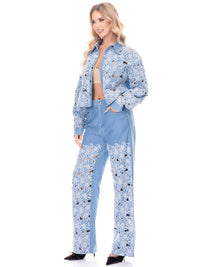 WOMEN'S LONG SLEEVE BUTTON UP TOP & ELASTIC WAIST PANTS EYELET DENIM 2PC. SET