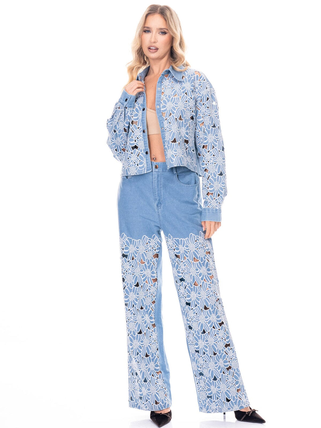 WOMEN'S LONG SLEEVE BUTTON UP TOP & ELASTIC WAIST PANTS EYELET DENIM 2PC. SET