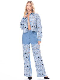 WOMEN'S LONG SLEEVE BUTTON UP TOP & ELASTIC WAIST PANTS EYELET DENIM 2PC. SET