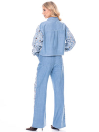 WOMEN'S LONG SLEEVE BUTTON UP TOP & ELASTIC WAIST PANTS EYELET DENIM 2PC. SET