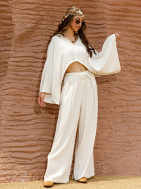 WOMEN'S LONG SLEEVE CROP TOP & WIDE LEG PANTS SOLID LINEN 2PC. SET