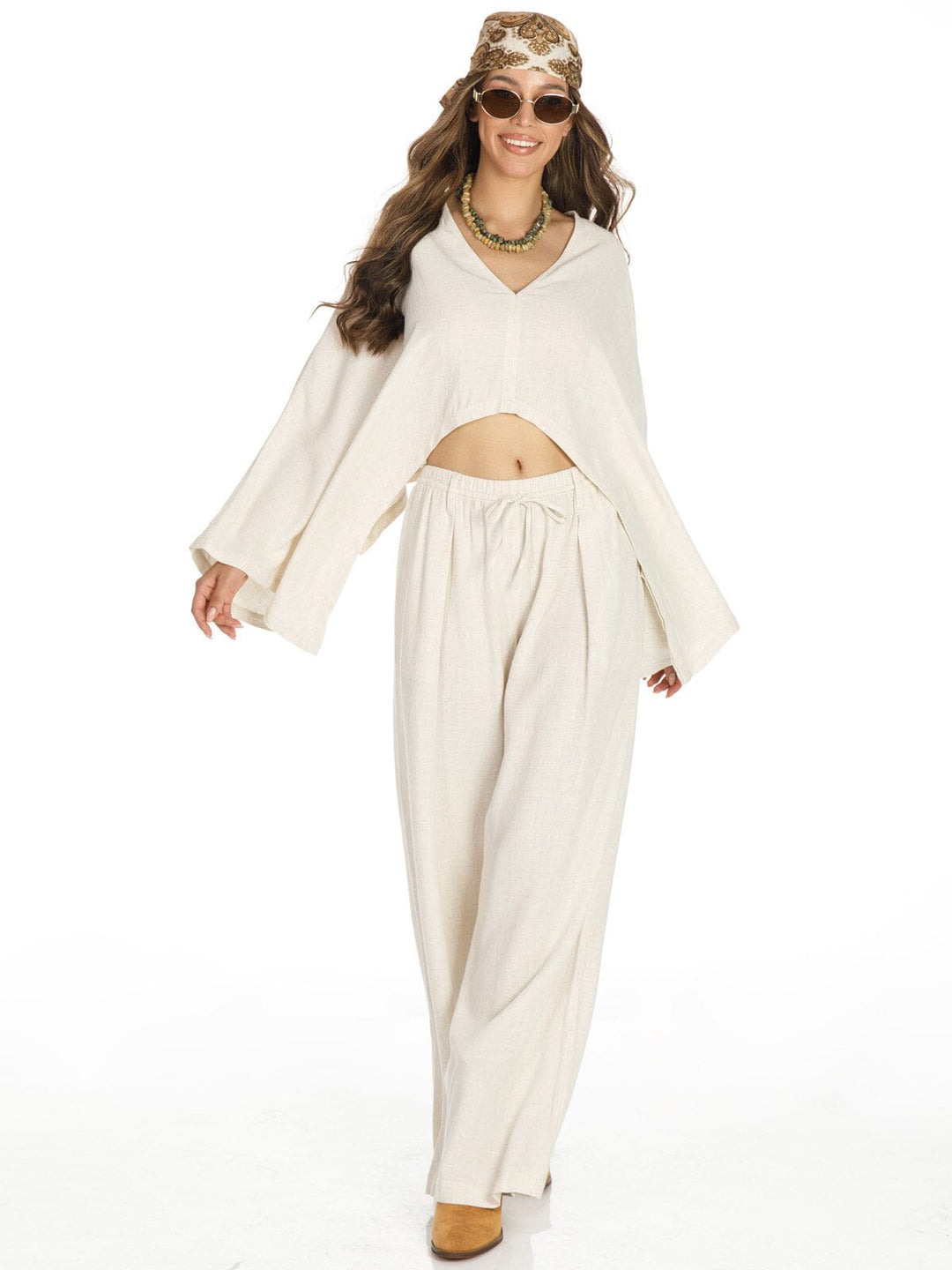 WOMEN'S LONG SLEEVE CROP TOP & WIDE LEG PANTS SOLID LINEN 2PC. SET