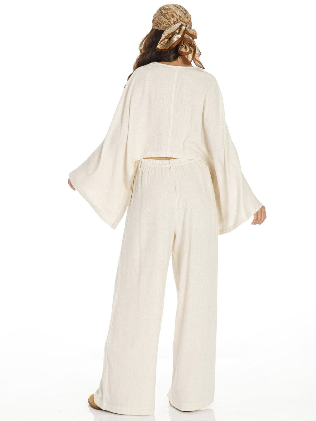 WOMEN'S LONG SLEEVE CROP TOP & WIDE LEG PANTS SOLID LINEN 2PC. SET