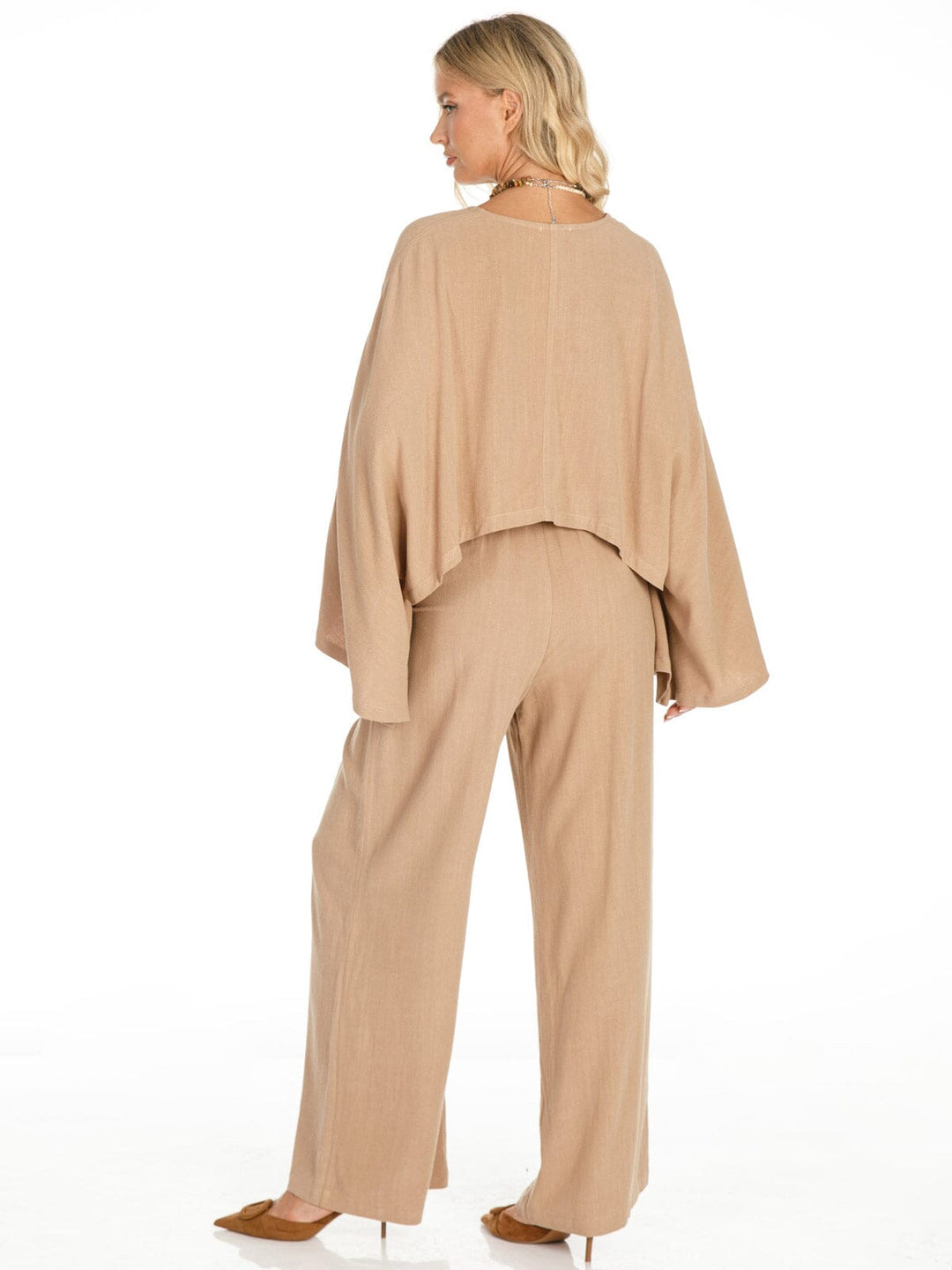 WOMEN'S LONG SLEEVE CROP TOP & WIDE LEG PANTS SOLID LINEN 2PC. SET