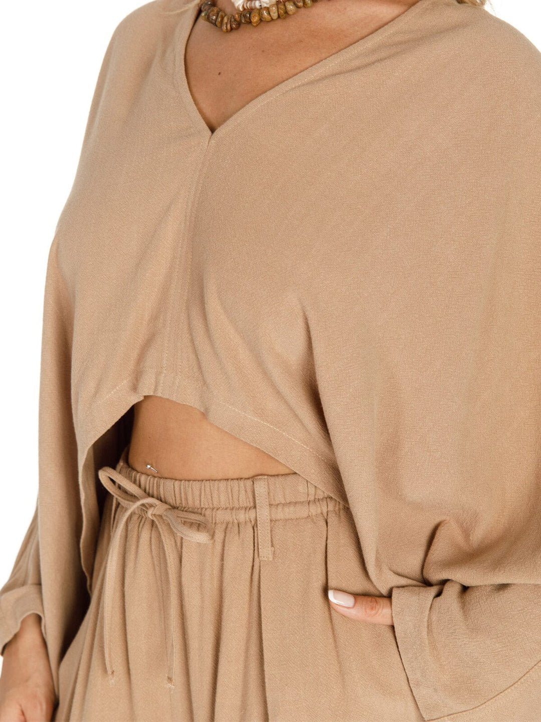 WOMEN'S LONG SLEEVE CROP TOP & WIDE LEG PANTS SOLID LINEN 2PC. SET