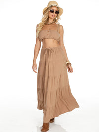 WOMEN'S SLEEVELESS CROP TOP & ELASTIC WAIST MAXI SKIRT SOLID LINEN 2PC. SET