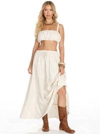 WOMEN'S SLEEVELESS CROP TOP & ELASTIC WAIST MAXI SKIRT SOLID LINEN 2PC. SET