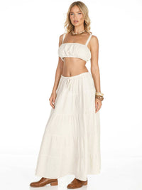 WOMEN'S SLEEVELESS CROP TOP & ELASTIC WAIST MAXI SKIRT SOLID LINEN 2PC. SET