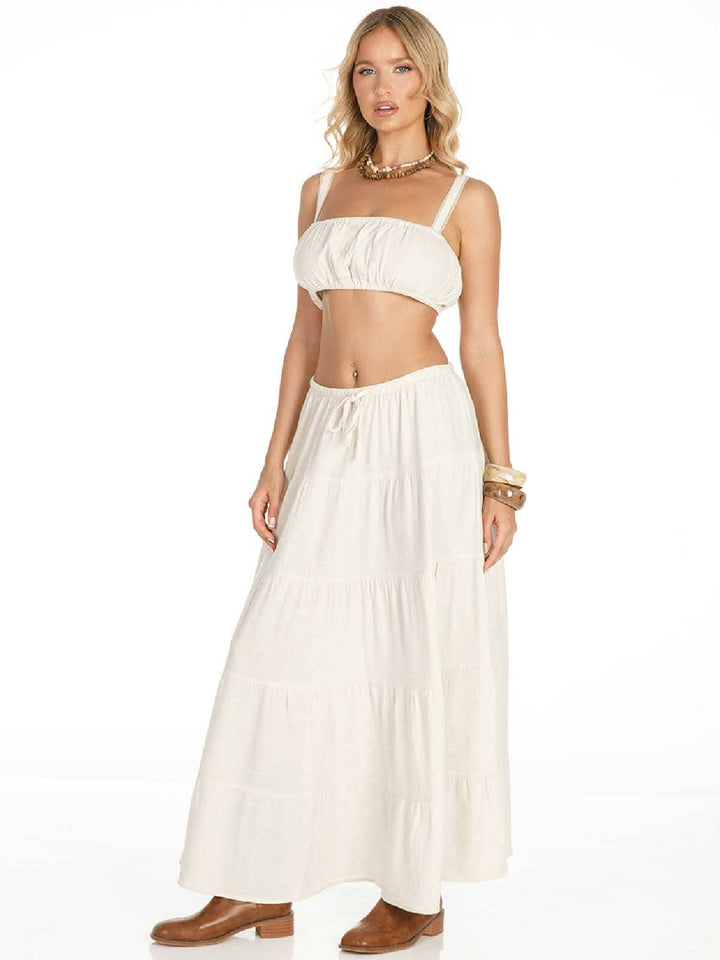 WOMEN'S SLEEVELESS CROP TOP & ELASTIC WAIST MAXI SKIRT SOLID LINEN 2PC. SET