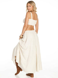 WOMEN'S SLEEVELESS CROP TOP & ELASTIC WAIST MAXI SKIRT SOLID LINEN 2PC. SET