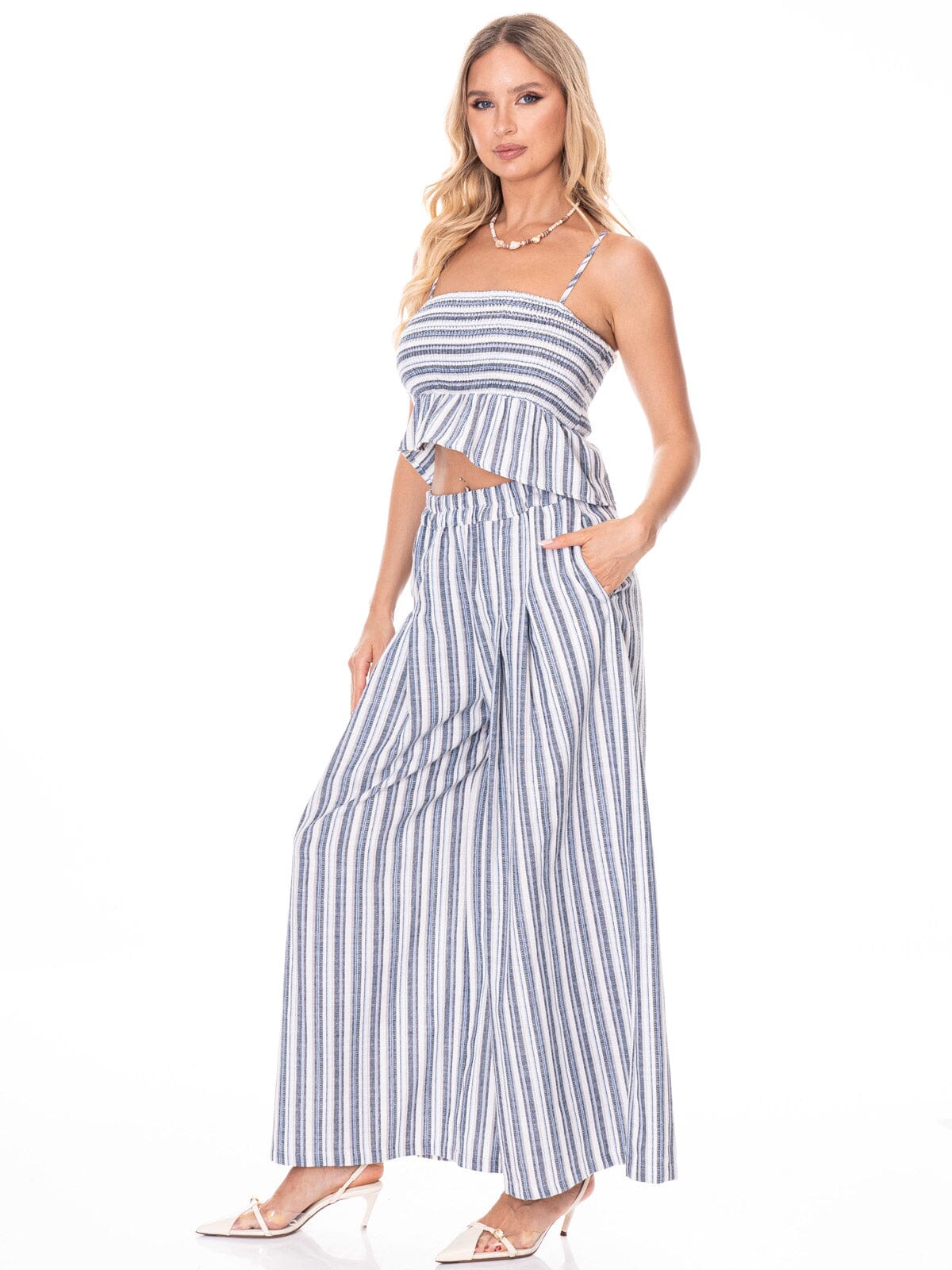 WOMEN'S SLEEVELESS SMOCK TOP & WIDE LEG PANTS COLORBLOCK STRIPES 2PC. SET