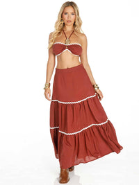 WOMEN'S SLEEVELESS CROP TOP & ELASTIC WAIST MAXI SKIRT TRIM DETAILED 2PC. SET