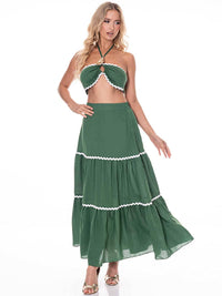 WOMEN'S SLEEVELESS CROP TOP & ELASTIC WAIST MAXI SKIRT TRIM DETAILED 2PC. SET