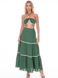 WOMEN'S SLEEVELESS CROP TOP & ELASTIC WAIST MAXI SKIRT TRIM DETAILED 2PC. SET
