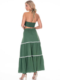WOMEN'S SLEEVELESS CROP TOP & ELASTIC WAIST MAXI SKIRT TRIM DETAILED 2PC. SET