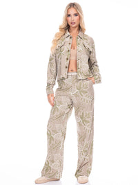 WOMEN'S LONG SLEEVE BUTTON UP TOP & BUTTON CLOSURE PANTS EMBROIDERY LINEN 2PC. SET