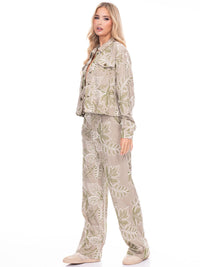 WOMEN'S LONG SLEEVE BUTTON UP TOP & BUTTON CLOSURE PANTS EMBROIDERY LINEN 2PC. SET
