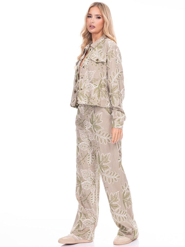 WOMEN'S LONG SLEEVE BUTTON UP TOP & BUTTON CLOSURE PANTS EMBROIDERY LINEN 2PC. SET