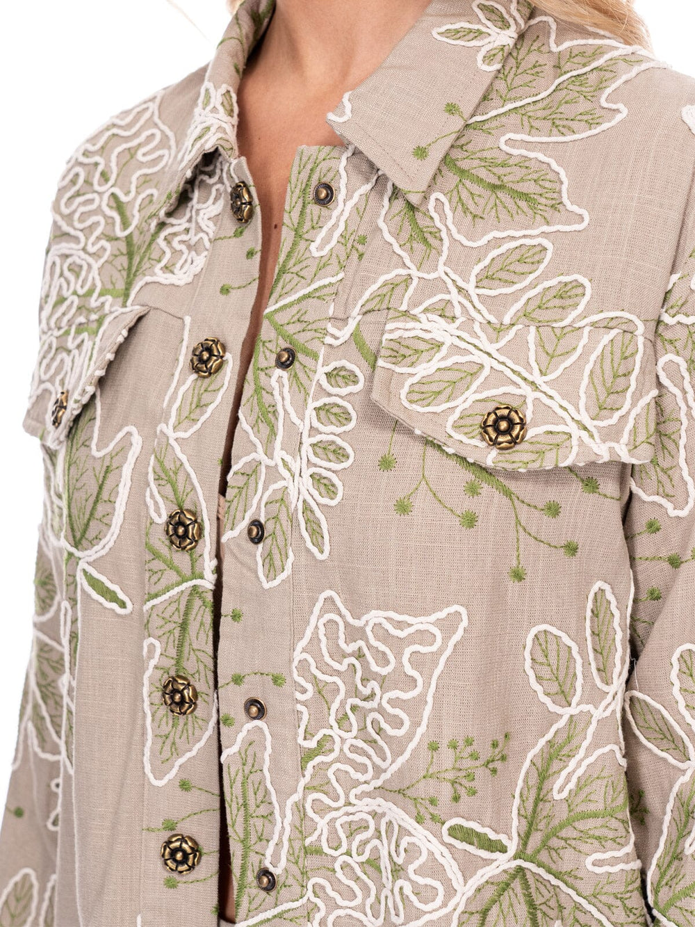 WOMEN'S LONG SLEEVE BUTTON UP TOP & BUTTON CLOSURE PANTS EMBROIDERY LINEN 2PC. SET