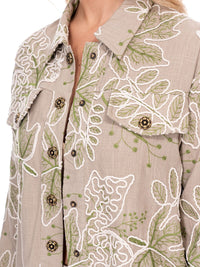 WOMEN'S LONG SLEEVE BUTTON UP TOP & BUTTON CLOSURE PANTS EMBROIDERY LINEN 2PC. SET