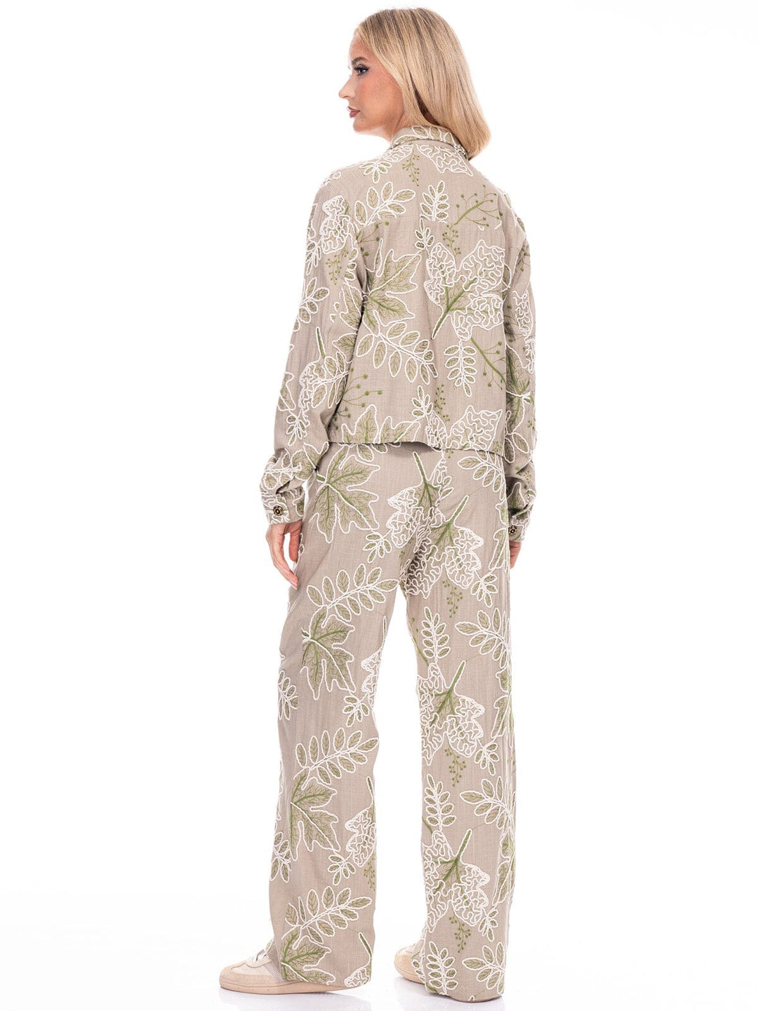 WOMEN'S LONG SLEEVE BUTTON UP TOP & BUTTON CLOSURE PANTS EMBROIDERY LINEN 2PC. SET