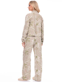 WOMEN'S LONG SLEEVE BUTTON UP TOP & BUTTON CLOSURE PANTS EMBROIDERY LINEN 2PC. SET