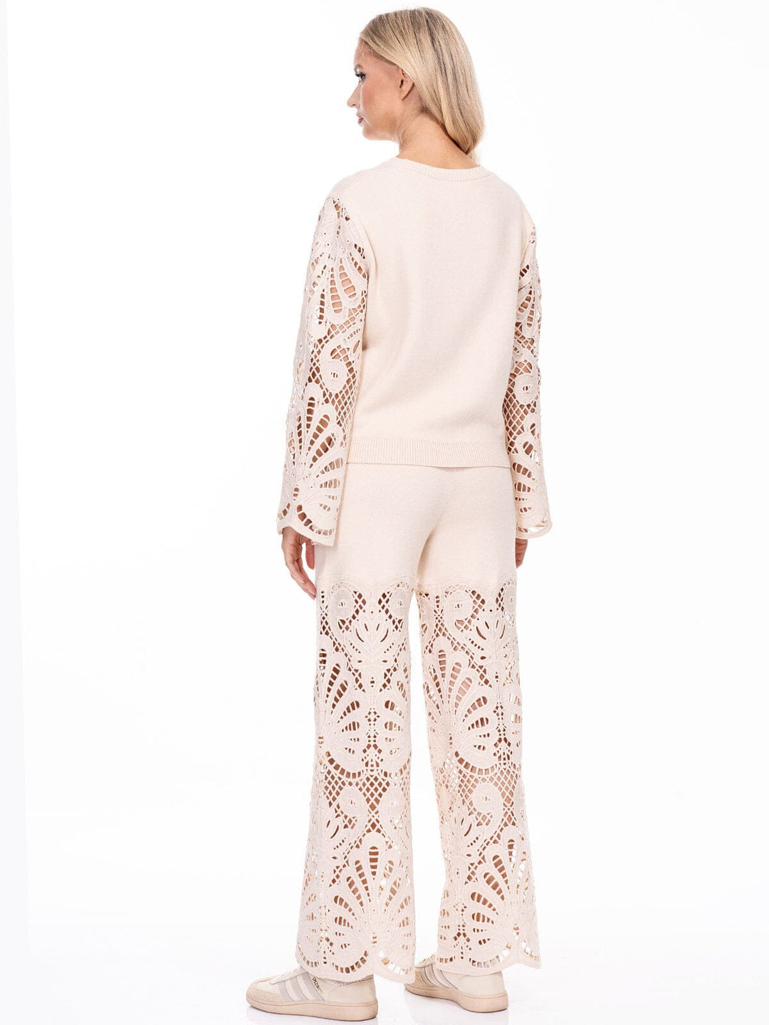 WOMEN'S LONG BELL SLEEVE PULLOVER SWEATER & ELASTIC WAIST PANTS CROCHET 2PC. SET