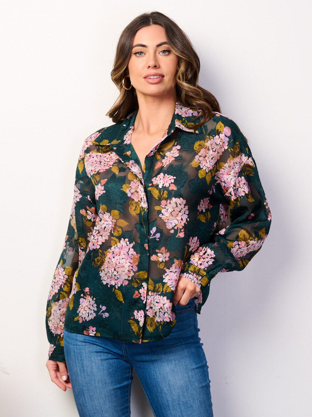 WOMEN'S LONG SLEEVE BUTTON UP FLORAL BLOUSE TOP