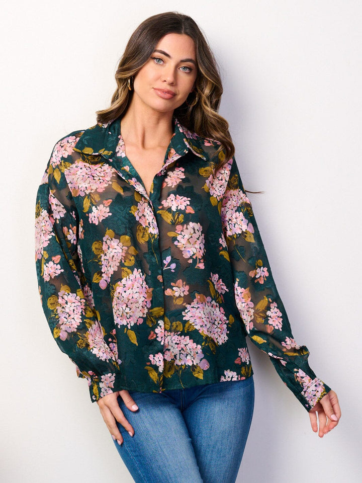 WOMEN'S LONG SLEEVE BUTTON UP FLORAL BLOUSE TOP