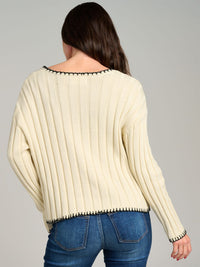 WOMEN'S LONG SLEEVE V-NECK FRONT POCKETS RIBBED PULLOVER SWEATER