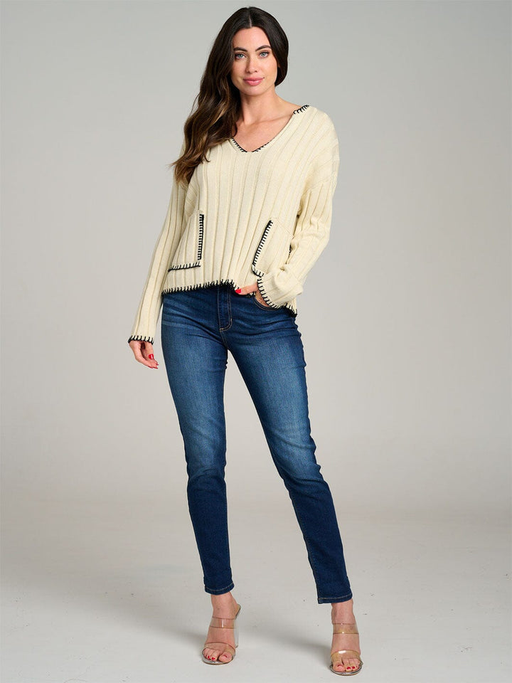 WOMEN'S LONG SLEEVE V-NECK FRONT POCKETS RIBBED PULLOVER SWEATER