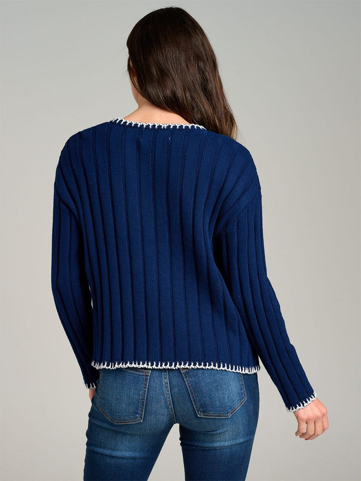 WOMEN'S LONG SLEEVE V-NECK FRONT POCKETS RIBBED PULLOVER SWEATER