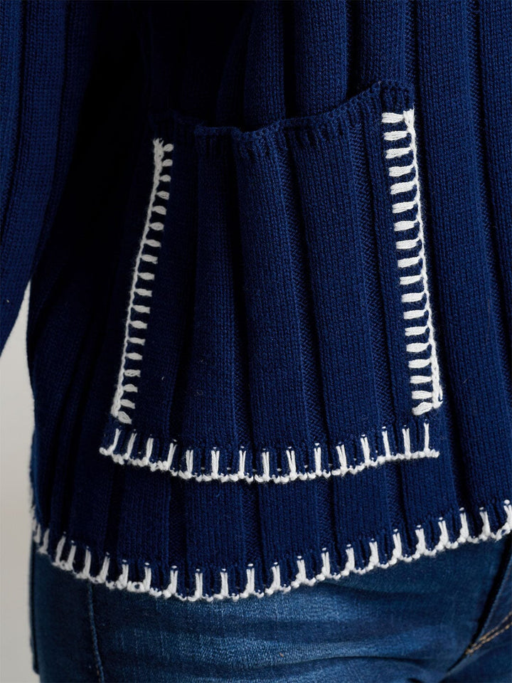 WOMEN'S LONG SLEEVE V-NECK FRONT POCKETS RIBBED PULLOVER SWEATER