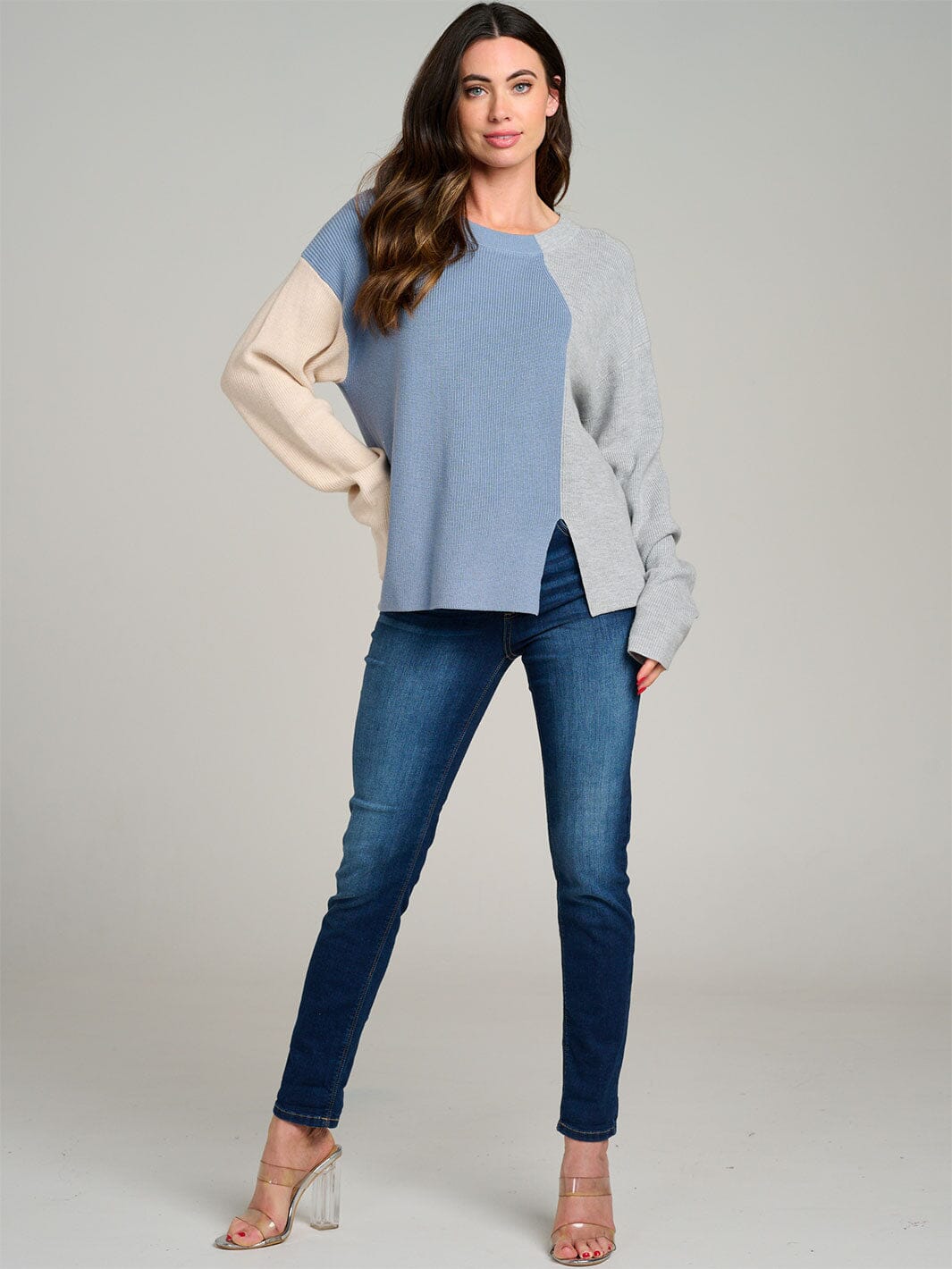 WOMEN'S LONG SLEEVE COLORBLOCK RIBBED PULLOVER SWEATER