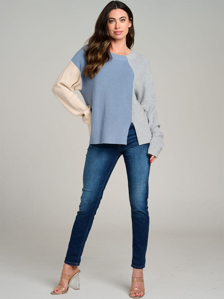 WOMEN'S LONG SLEEVE COLORBLOCK RIBBED PULLOVER SWEATER