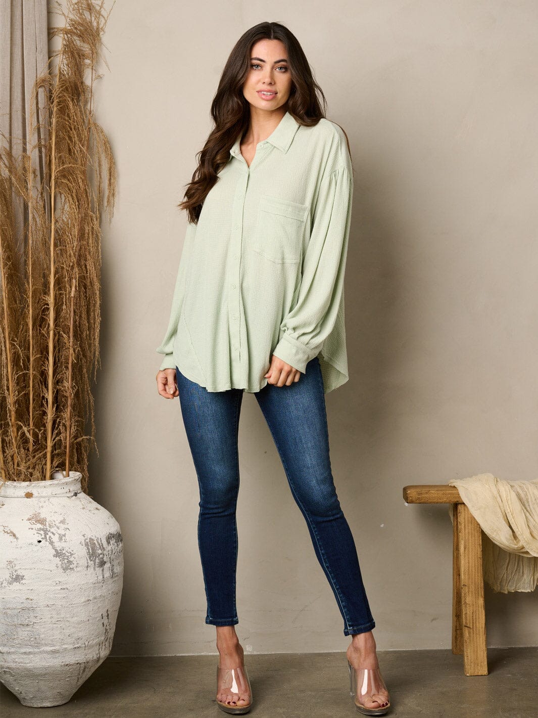 WOMEN'S LONG SLEEVE BUTTON UP OVERSIZED TOP