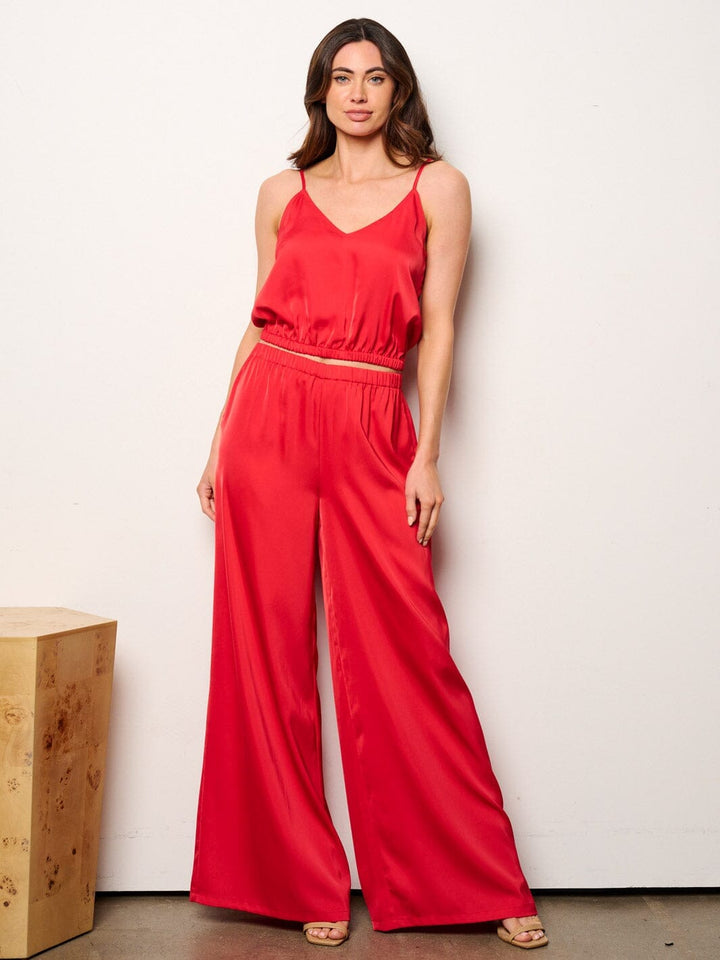 WOMEN'S SLEEVELESS CROP TOP & WIDE LEG PANTS SATIN 2PC. SET
